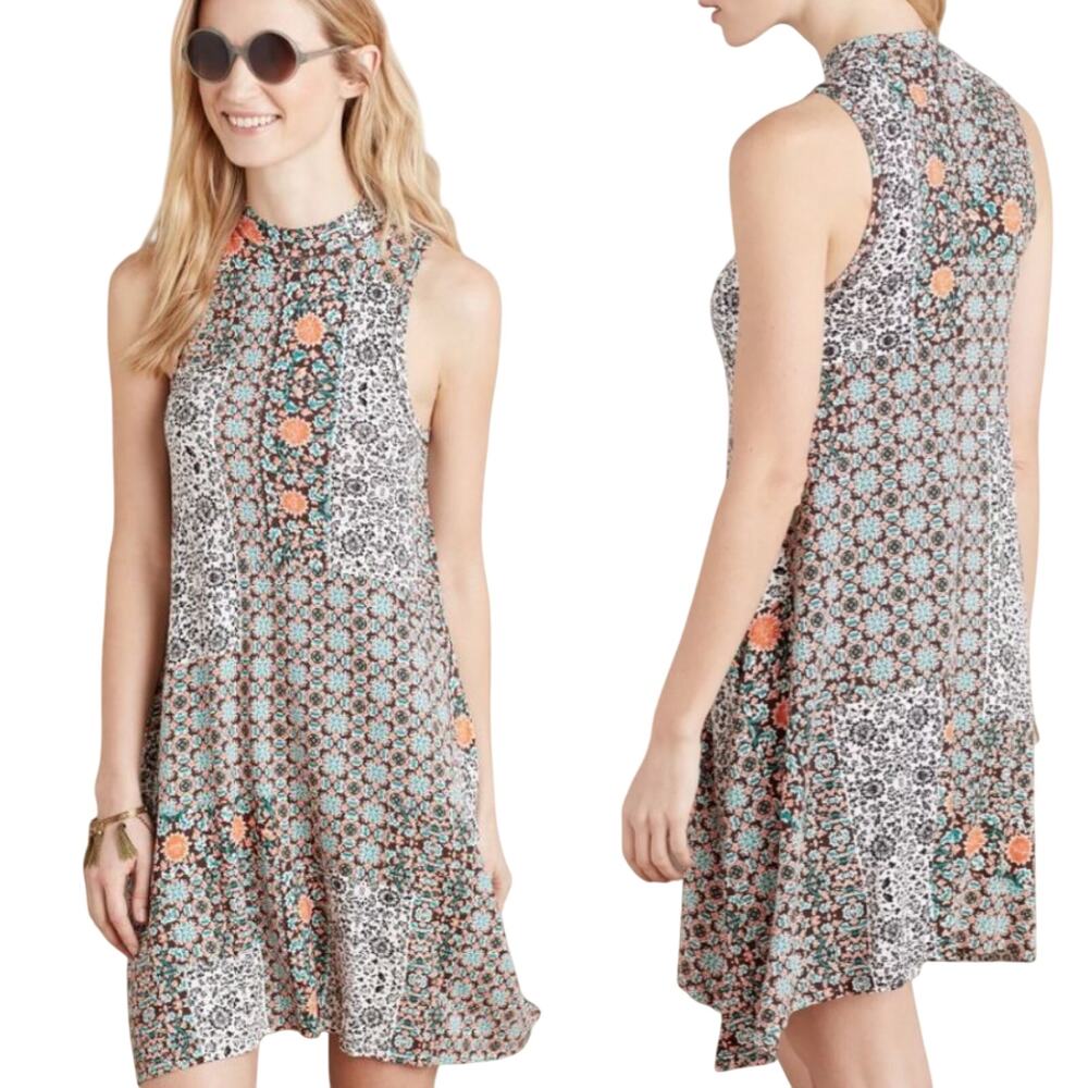Anthropologie Maeve Lilt Mini Swing Dress Mock Neck Geometric Abstract Print XS